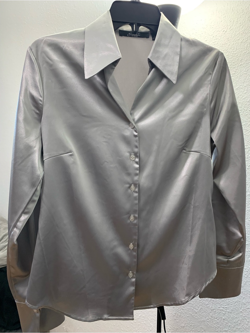 Essentials by Milano Silver Button-Down Satin Shirt